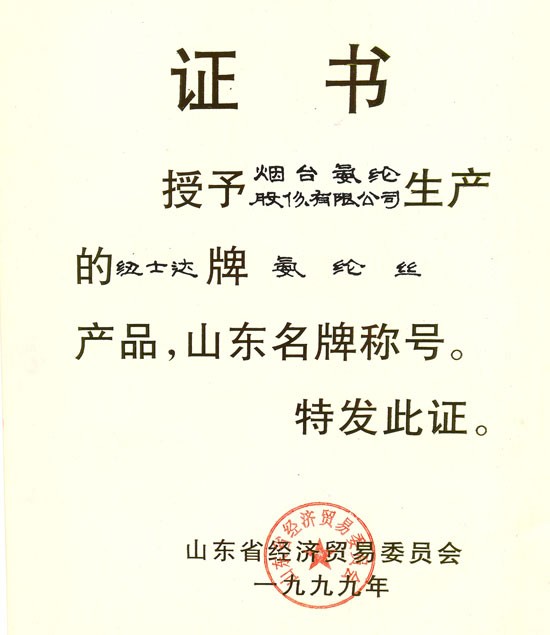 1999年，纽士达?氨纶获“山东名牌”称号。